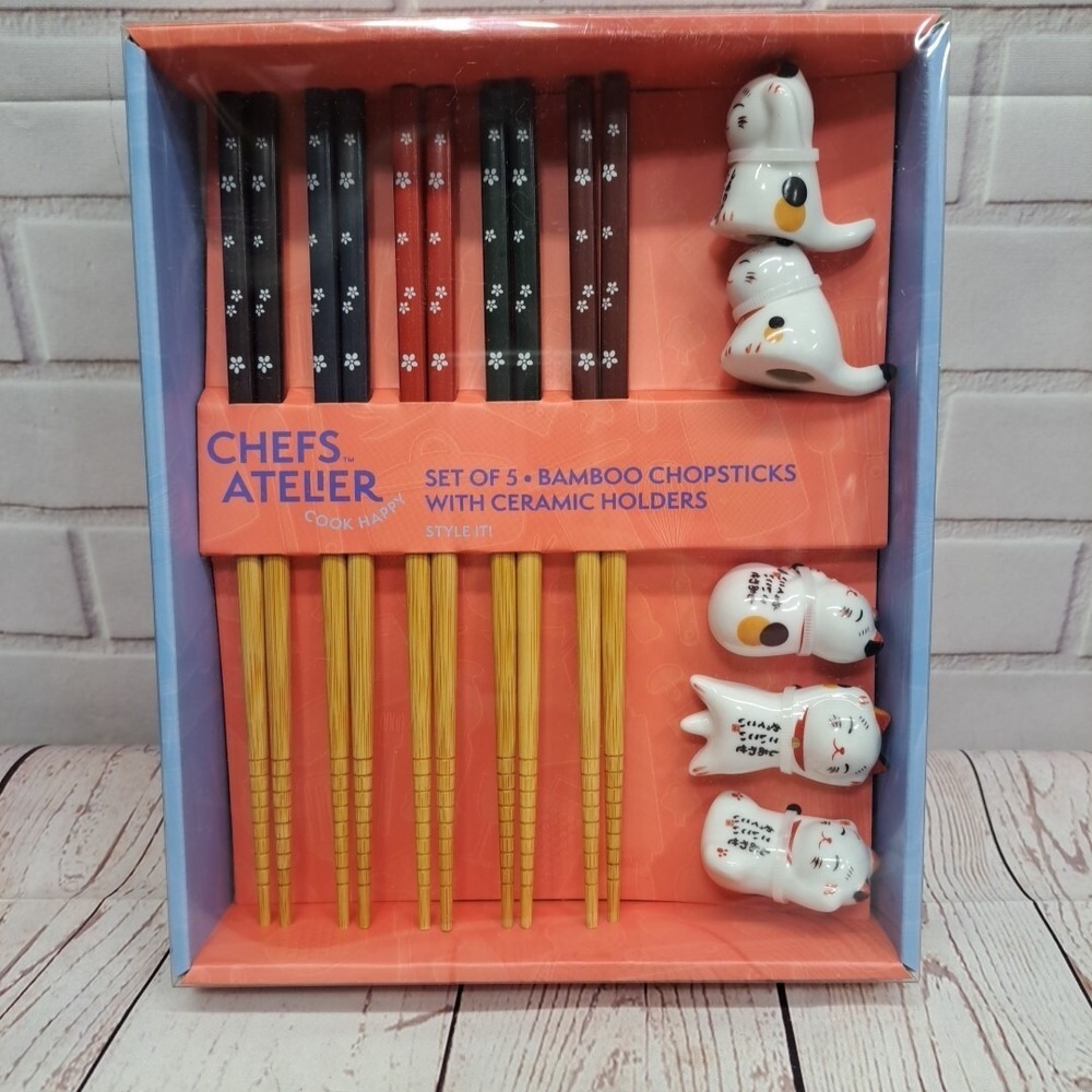 NIB Chefs Atelier‎ Bamboo Chopsticks with Ceramic Kittens Holders Set Of 5